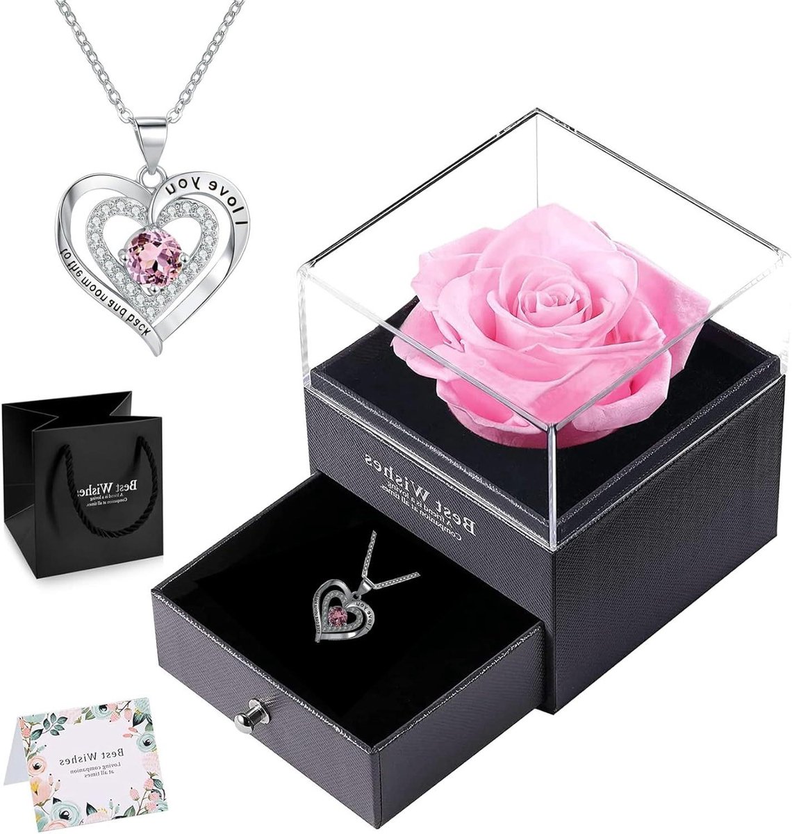 Eeuwige Roos Cadeau - Bewaarde Bloem - Speciale Gelegenheid - Met Inclusief Ketting - 12 cm doos - Roze