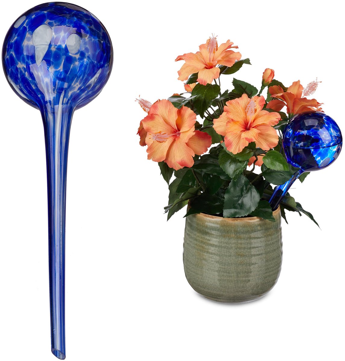12 x waterdruppelaar, gedoseerd planten bewateren, bloempot, waterbol, giethulp kantoor, vakantie, Ø 9 cm, glas, blauw