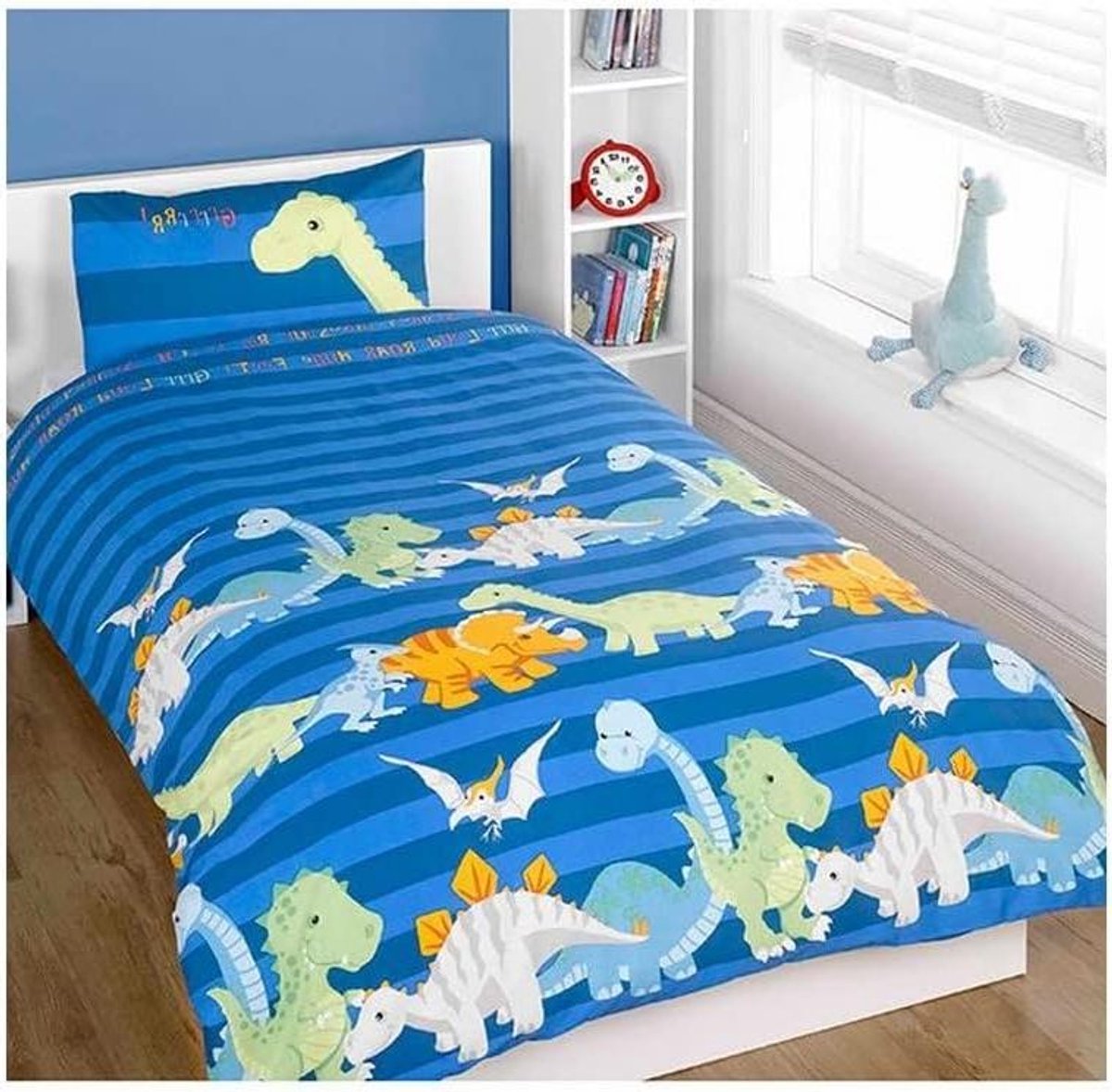Dekbedovertrek Peuter - Dino Beddengoed - Kinderkamer Decoratie - Dubbelzijdig Design - 120x150 cm - Blauw