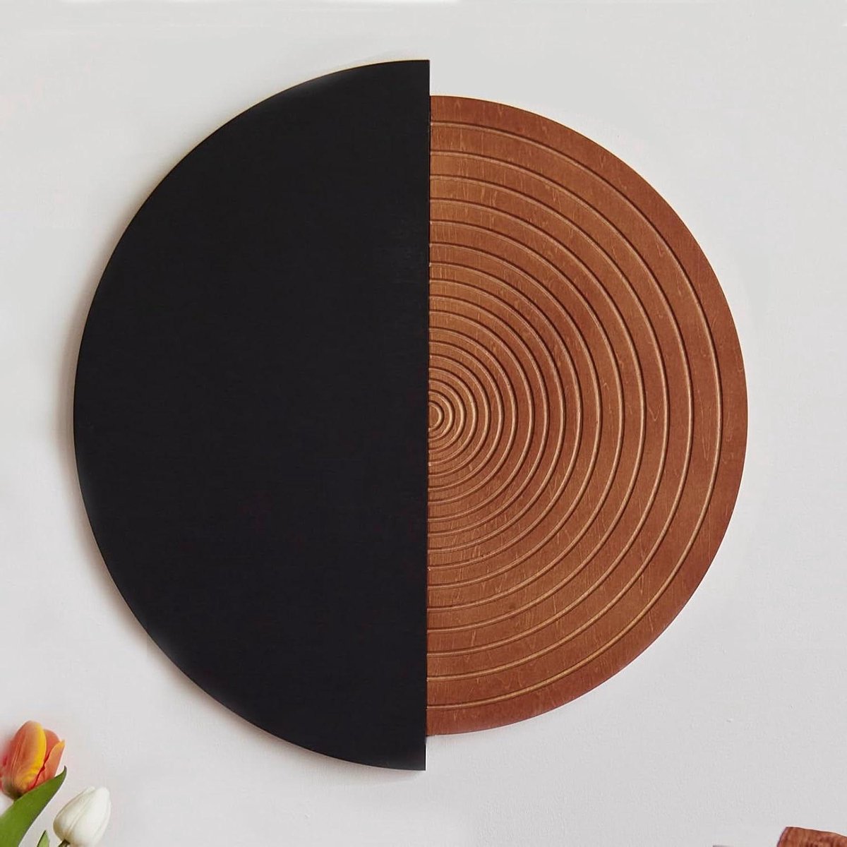 Houten Wanddecoratie - Ronde Kunst - Woonkamer Aankleden - Modern Geometrisch - 47.5 x 50 cm - Houtkleur