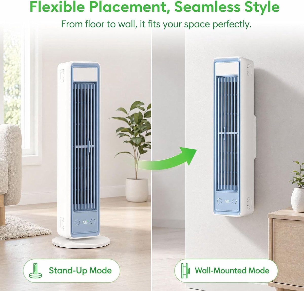 Bladloze Torenventilator - Torenventilator - Draagbare Mobiele Airco Cooler - Bladloos - Draaibaar Ventilator - 5 Snelheden - Met Afstandsbediening - Luchtstroom - Stil Compact - Mobiele Airco - Compacte Airconditioner Voor een Goede Nachtrust - Wit – foto 6