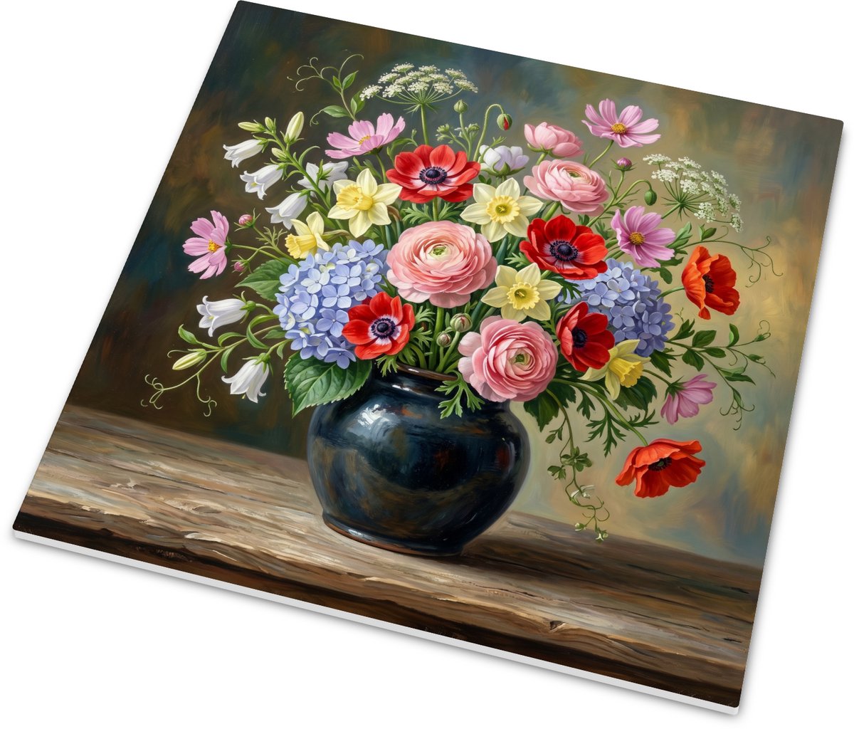Decoratief glanzend tegeltje met levendig bloemen stilleven, roze ranonkels, rode anemonen