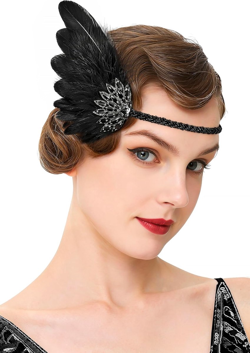 Great Gatsby haarband in de stijl van de jaren 20, flapper haarsieraad, veren, hoofdtooi, bruisende jaren '20-hoofdband voor feestjes, cocktails, bruiloft, zwart