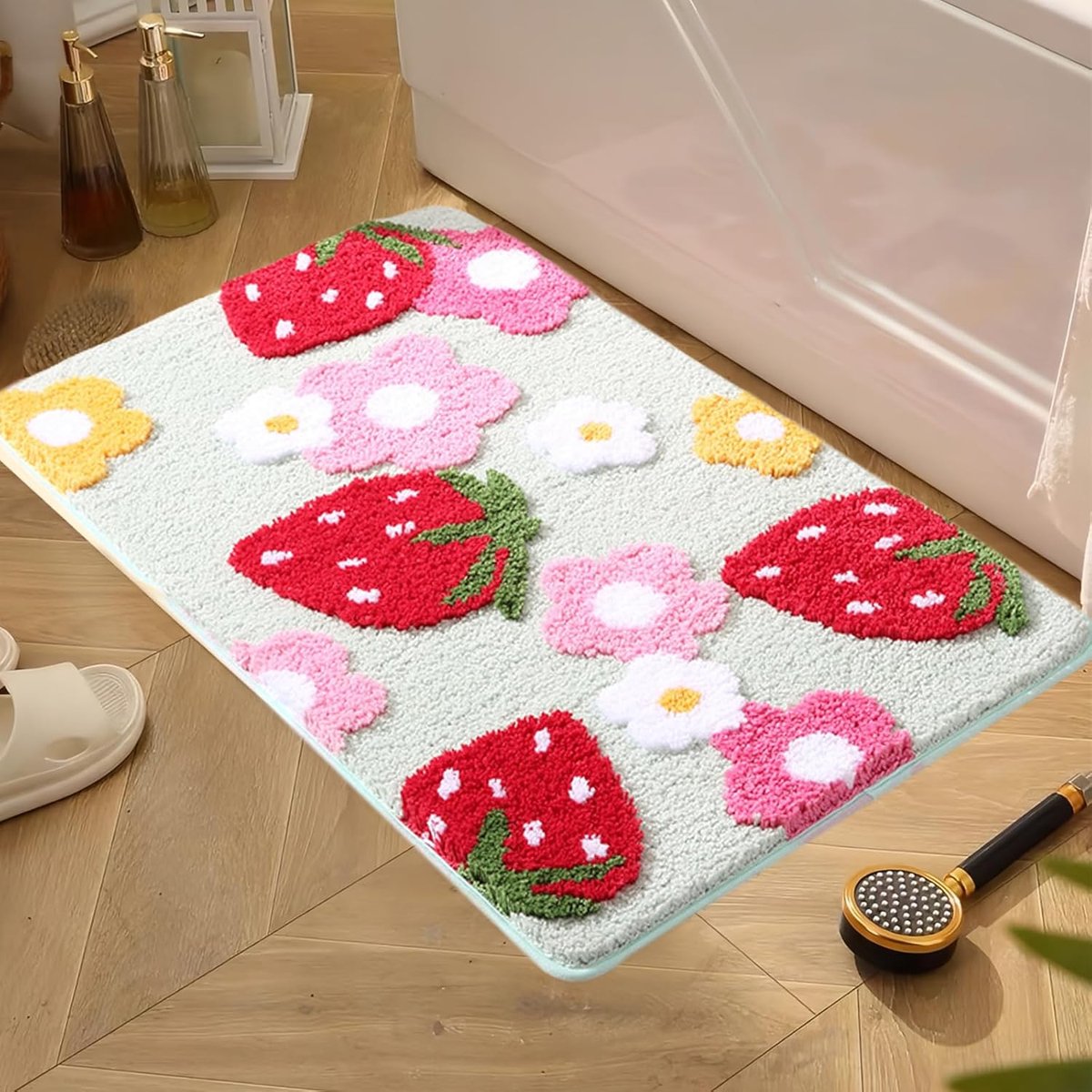 groene aardbeien, badmat, antislip, zachte microvezel, waterabsorberend, badmat voor douche, bad, toilet (65 x 45 cm)