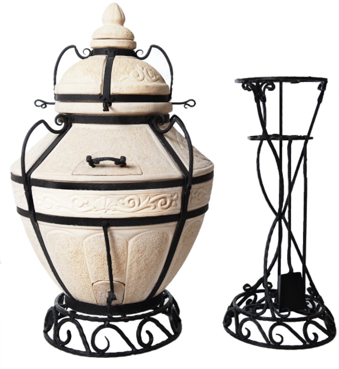 Tandoor Aladin (klapdeksel) – Keramische houtgestookte buitenoven, verticale Kamado voor vlees, groenten en brood – Met 20 XL-spiesen & accessoires – 6,5 cm dikke wanden voor perfecte warmteopslag – 120 cm – 206 kg - 135L *** Met beschermhoes