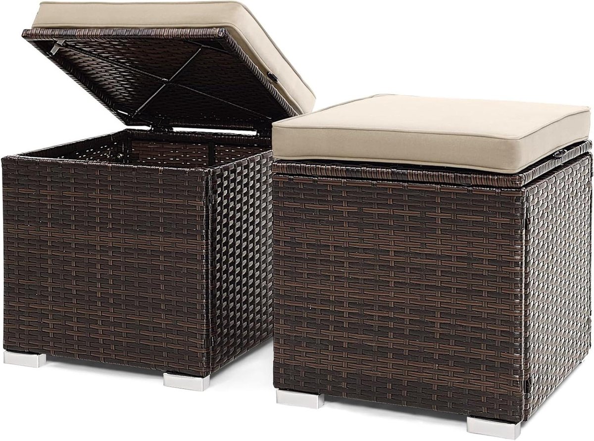 Terras Poef - Voetenbankje Opbergbox - Buiten Zitten - Handgeweven PE Rotan - 40.6 x 40.6 x 39.4 cm - Beige