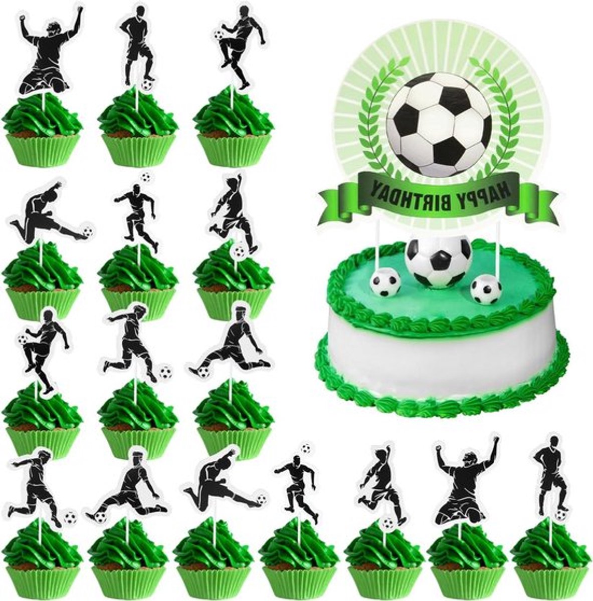 Voetbaltaarttoppers - 17 stuks voetbal verjaardagstaart decoraties voor jongens en mannen - Voetballer verjaardag cupcake topper - Voetbal cupcake picks - Sport thema voetbal feestartikelen