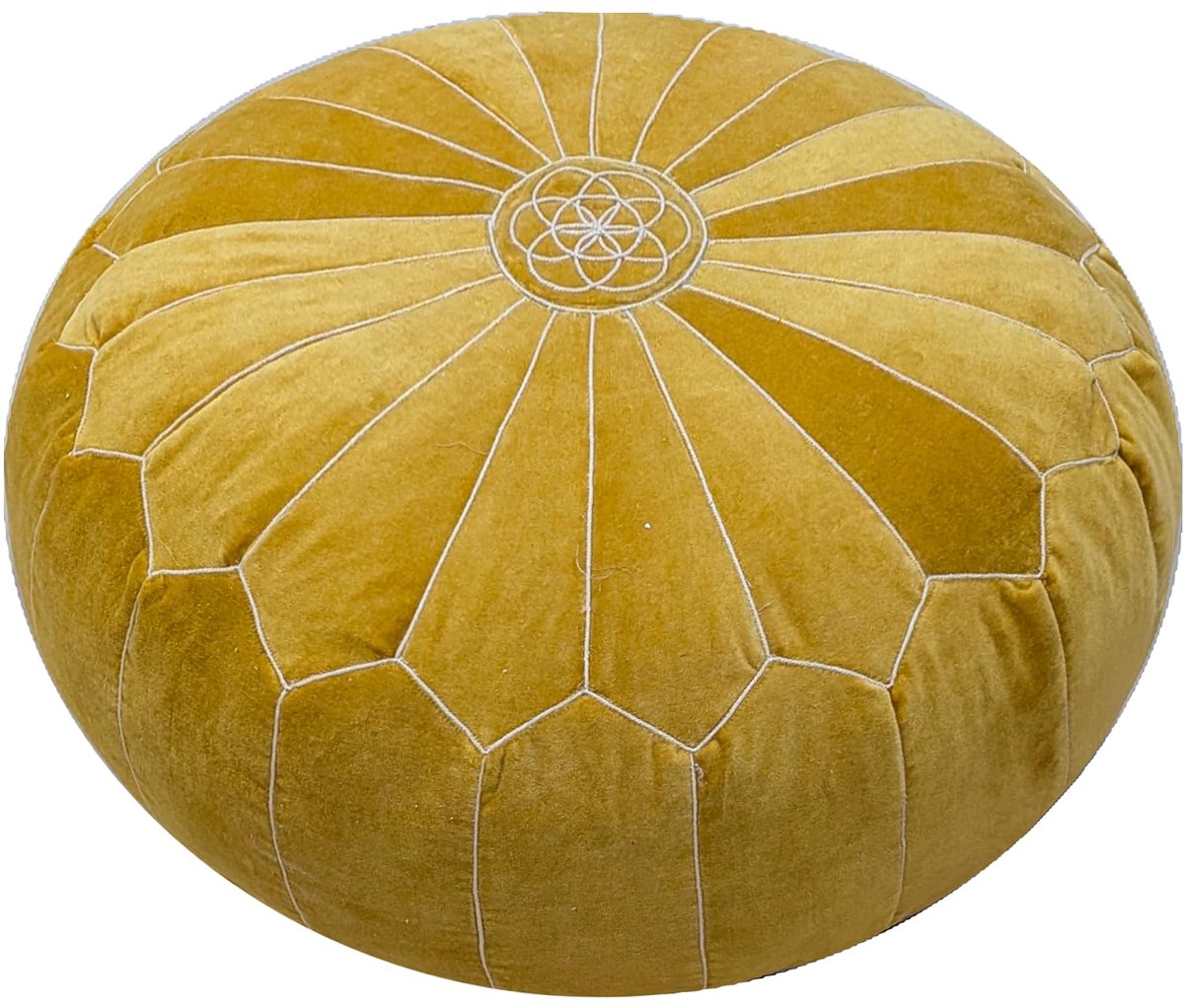 Marokkaanse fluwelen vloerpoef - rond Ottomaans kussen met mandala-borduurwerk, handgemaakte paneelnaden, boho-vloerzitplaatsen voor woonkamer, meditatie en decoratie