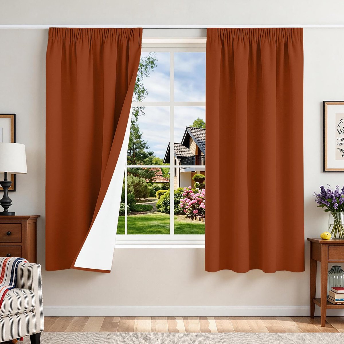 100% ondoorzichtige gordijnen met plooiband, linnenlook, verduisteringsgordijnen, 145 x 140 x 2 stuks, terracotta, thermische gordijnen, bescherming tegen kou, woonkamer, verduisteringsgordijn