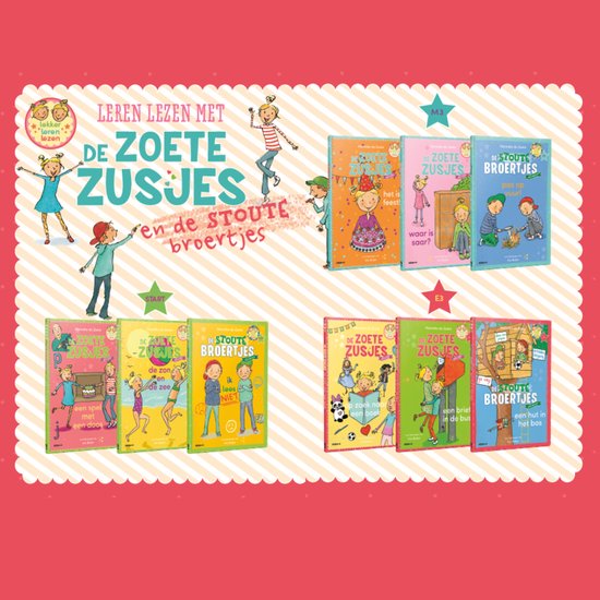 Vrolijke illustratie met boeken over de Zoete Zusjes en de Stoute Broertjes, met kinderen en feestdecoraties.