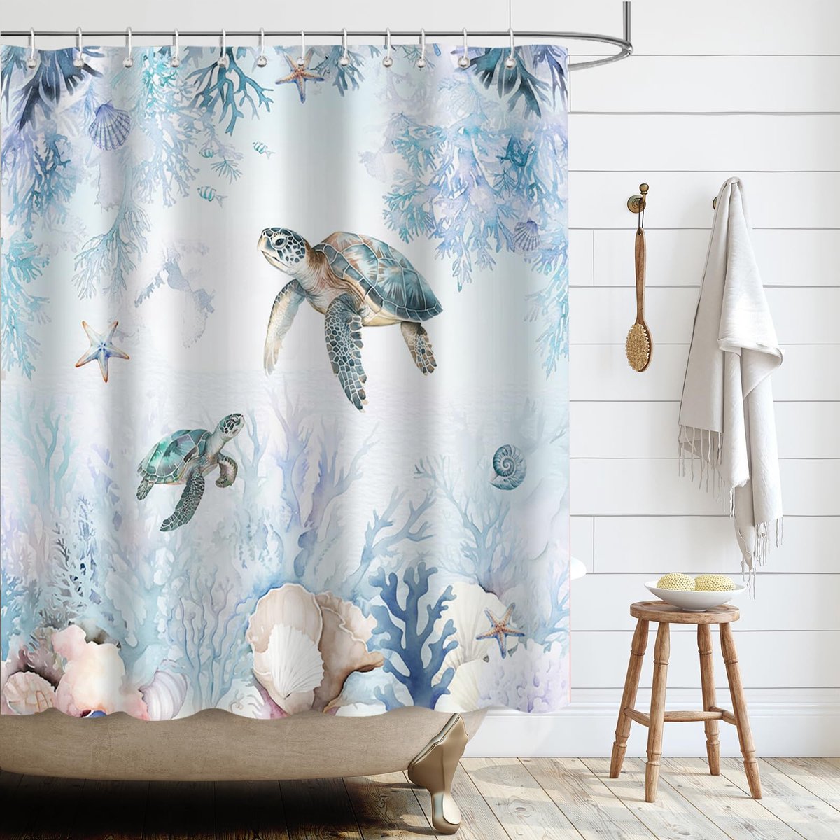 Douchegordijn - Strand - Schildpad - Koraal - Ster - Conch - Polyester - Waterdicht - Badkamerdecoratie - 183x183cm
