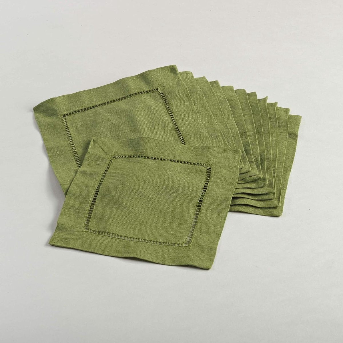 Cocktail Servetten - Linnen Katoen - Tafel Dekken - Hemstitched Rand - Set van 12 - Kiwi Groen