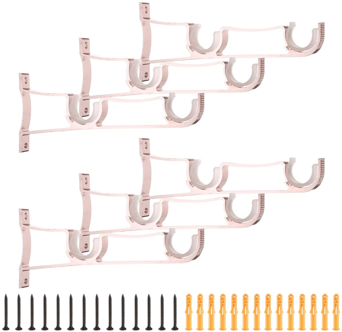 6 stuks houders voor gordijnen, 210 mm, houders voor dubbel gordijn voor 1 inch stang, robuuste haken voor dikke stang, wandhouders met schroeven, roségoud