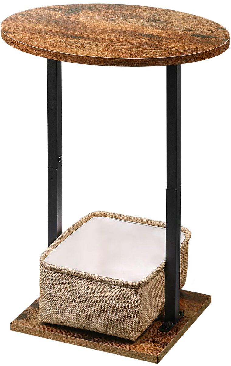 Bijzettafel voor bank, kleine salontafel, rond, modern, met stoffen mand, 61 cm hoog, klein nachtkastje, hout met metalen frame, voor woonkamer, slaapkamer, balkon, terras, vintage bruin-zwart