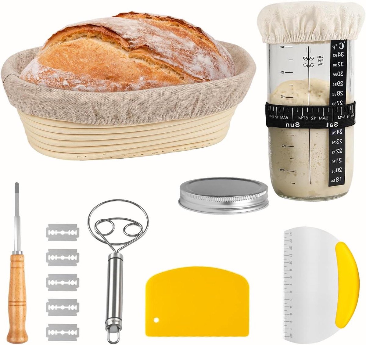 Rijsmand Starterset - Broodbak Set - Zelf Brood Bakken - Compleet Accessoires - 25 cm Ovaal - Natuurlijk