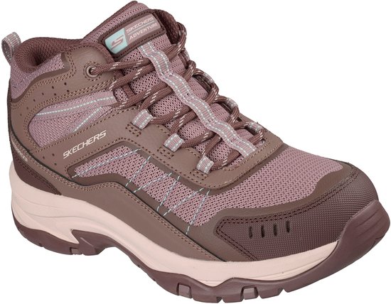 Paarse Skechers wandelschoen met mesh en leren overlays, kantdetails en logo.