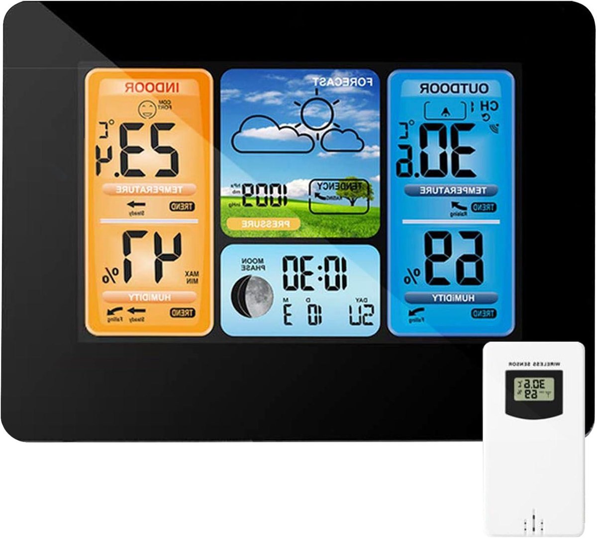 Weerstation Kleurenscherm - Binnen Buiten - Weersvoorspelling Huis - Draadloze Sensor - 17.7 x 13.9 cm - Zwart