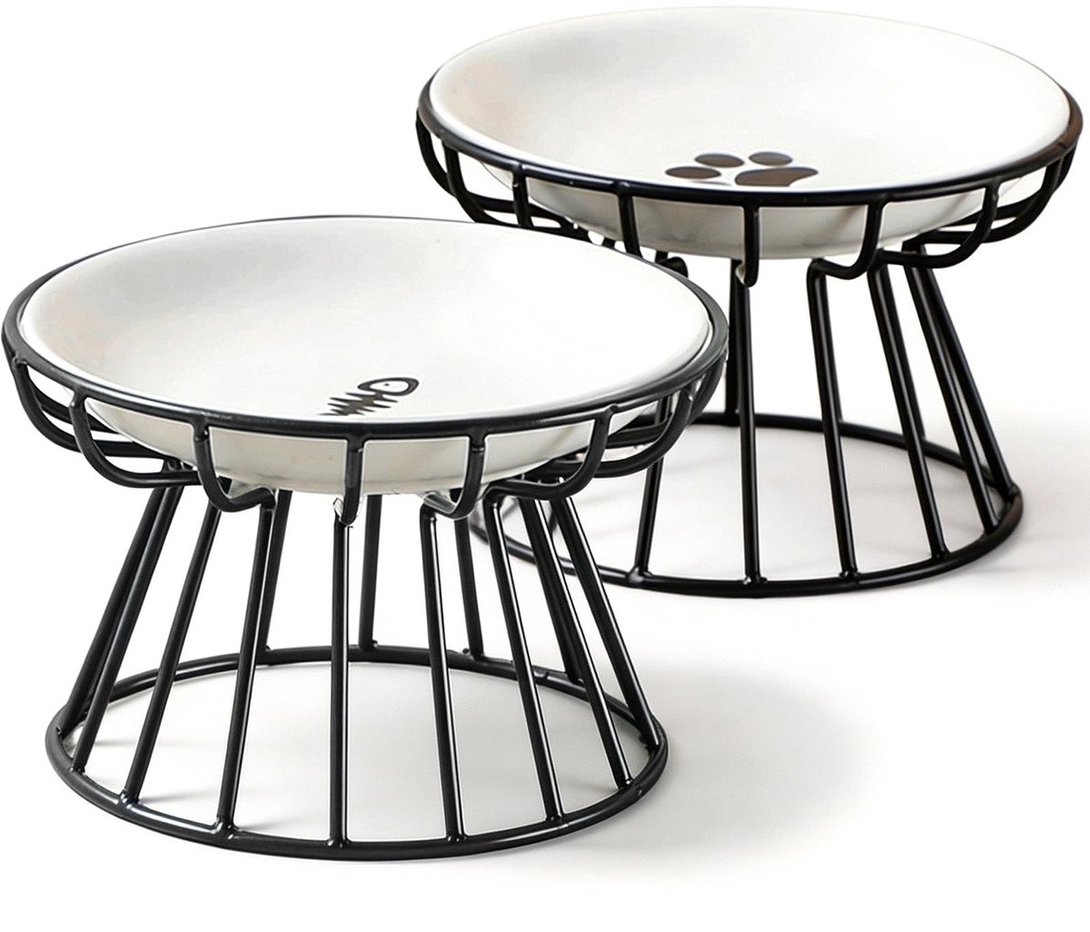 voerbak voor katten, 2 stuks, verhoogde kattenbak van keramiek met voerbak, siliconen en metalen standaard, cervicale bescherming kattenbak, kattenbak voor voer, water