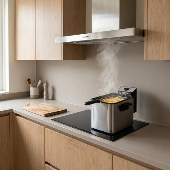 RVS frituurpan met koude zone, gevuld met friet, op een inductiekookplaat met stoomontwikkeling.