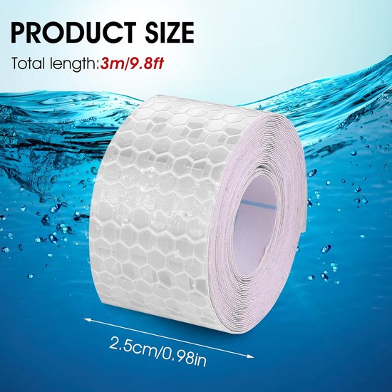 Rol reflecterende tape van 3m x 2,5cm. Hexagonaal patroon op blauwe achtergrond.