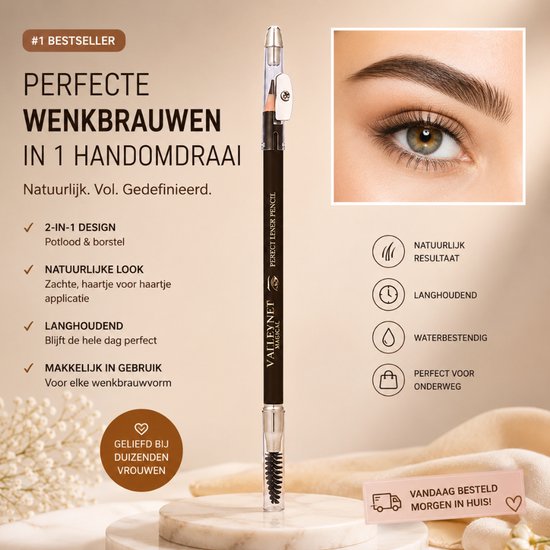 Une femme avec des sourcils parfaitement façonnés, tenant un crayon à sourcils 2 en 1 Valleynet.
