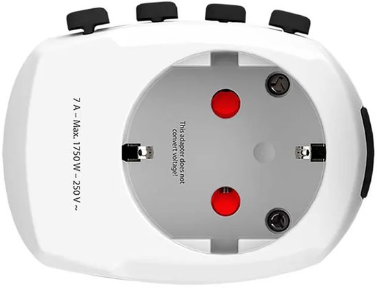 Wit reisadapter stopcontact met 2 rode stippen en schroeven. Max. 1750 W - 250 V.