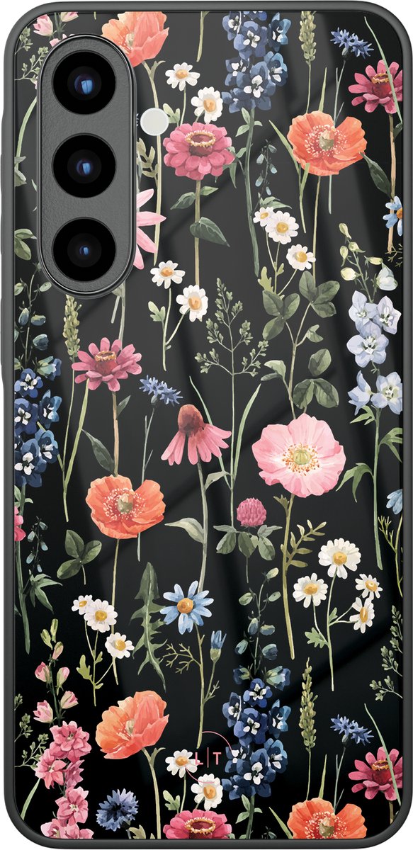 Hoesje geschikt voor Samsung Galaxy A56 - Dark flowers - Luxe Glazen Hardcase - Bloemen - Multi