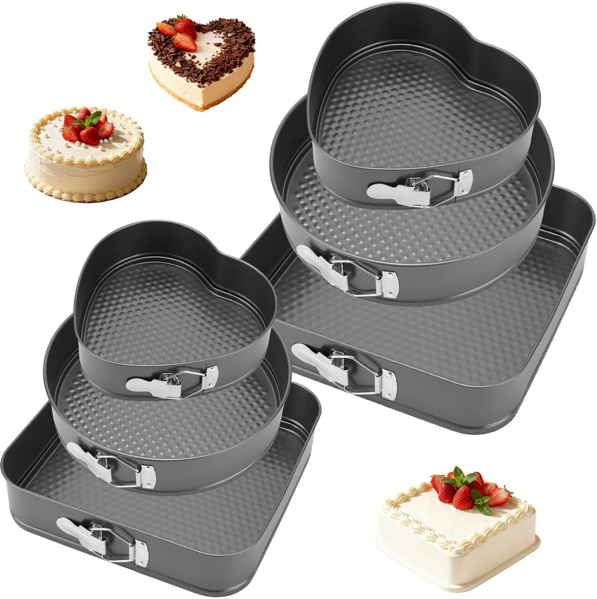 6 stuks springvormset, hart, rond, vierkant, non-stick taartvormen, 18-28 cm, zwart, afneembare platte bodem, bakvormen, set voor bakken