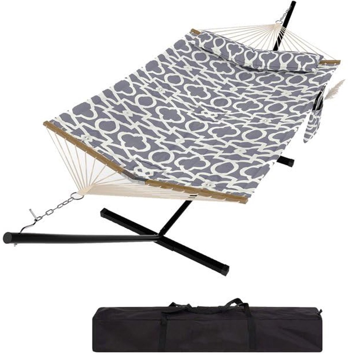 Hangmat Met Stalen Standaard - Schommelbed Outdoor - Draagtas - Afneembaar Kussen En Mat - V-Vorm Spreidstok - 200kg Draagvermogen - Voor Tuin Strand Zwembad Binnen Buiten - Lichtgrijs