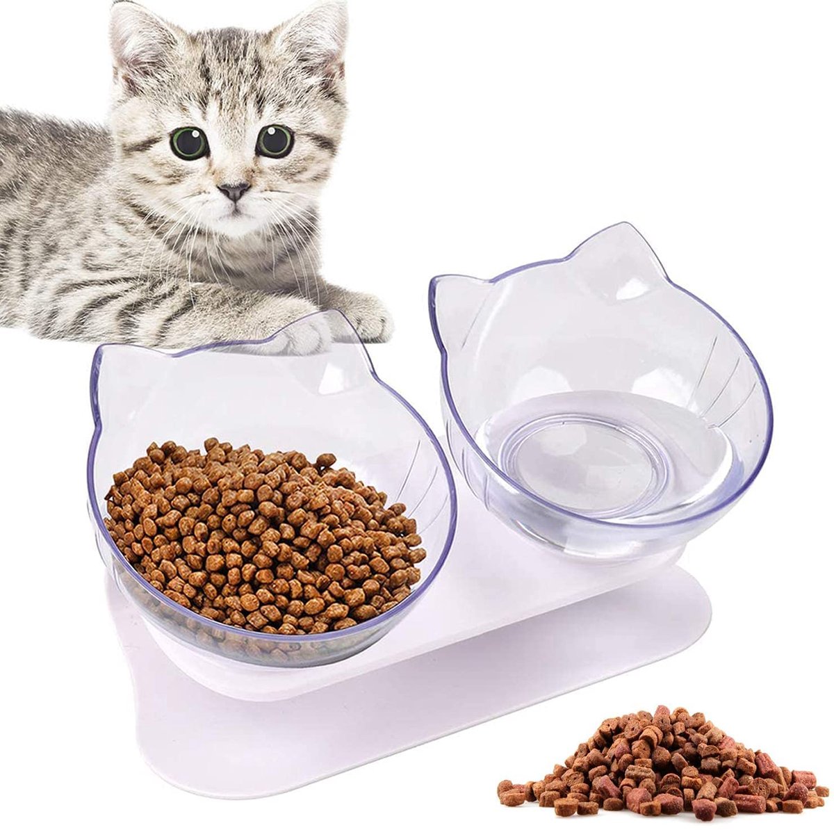 Voederbakken voor katten, 15° kantelbare kattenbakken, dubbele voerbakken, transparante kattenvoerbak, voederbak, kat, kattenbakken voor kat, puppy, voer en water