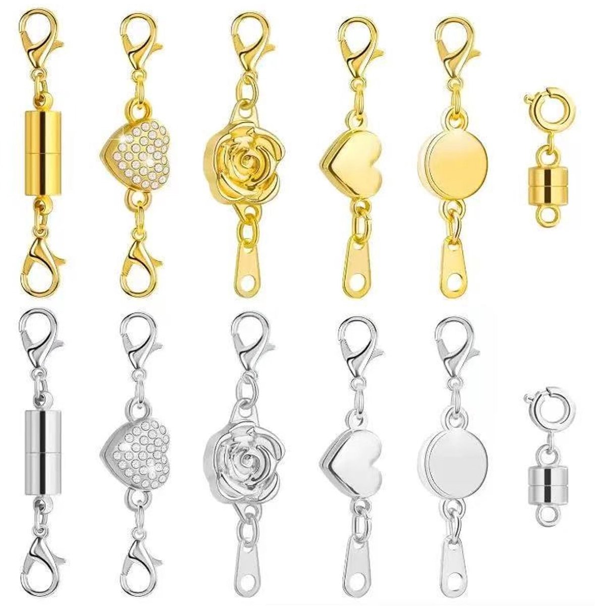 sieradensluiting, 12 stuks, magneetsluiting, halsketting en armband in goud en zilver, magnetische karabijnsluitingen, sieradenverlenging voor doe-het-zelf halskettingen en armbanden