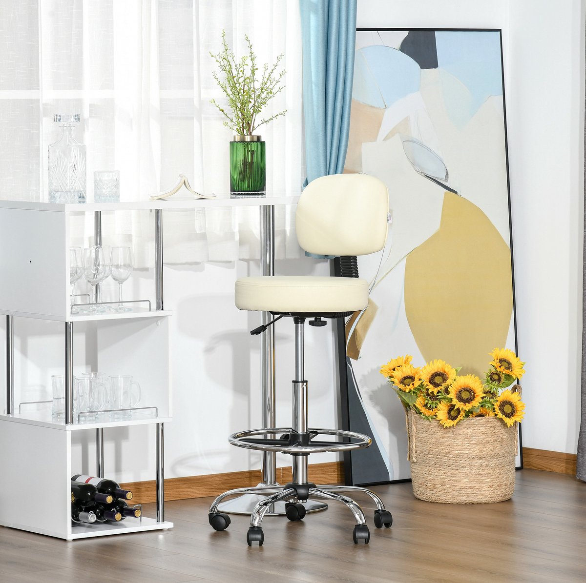 MEUNIQ draaibare barkruk met rugleuning, in hoogte verstelbaar, PU kunstleer, beige, met rollen, voor keukenbar en huisbar