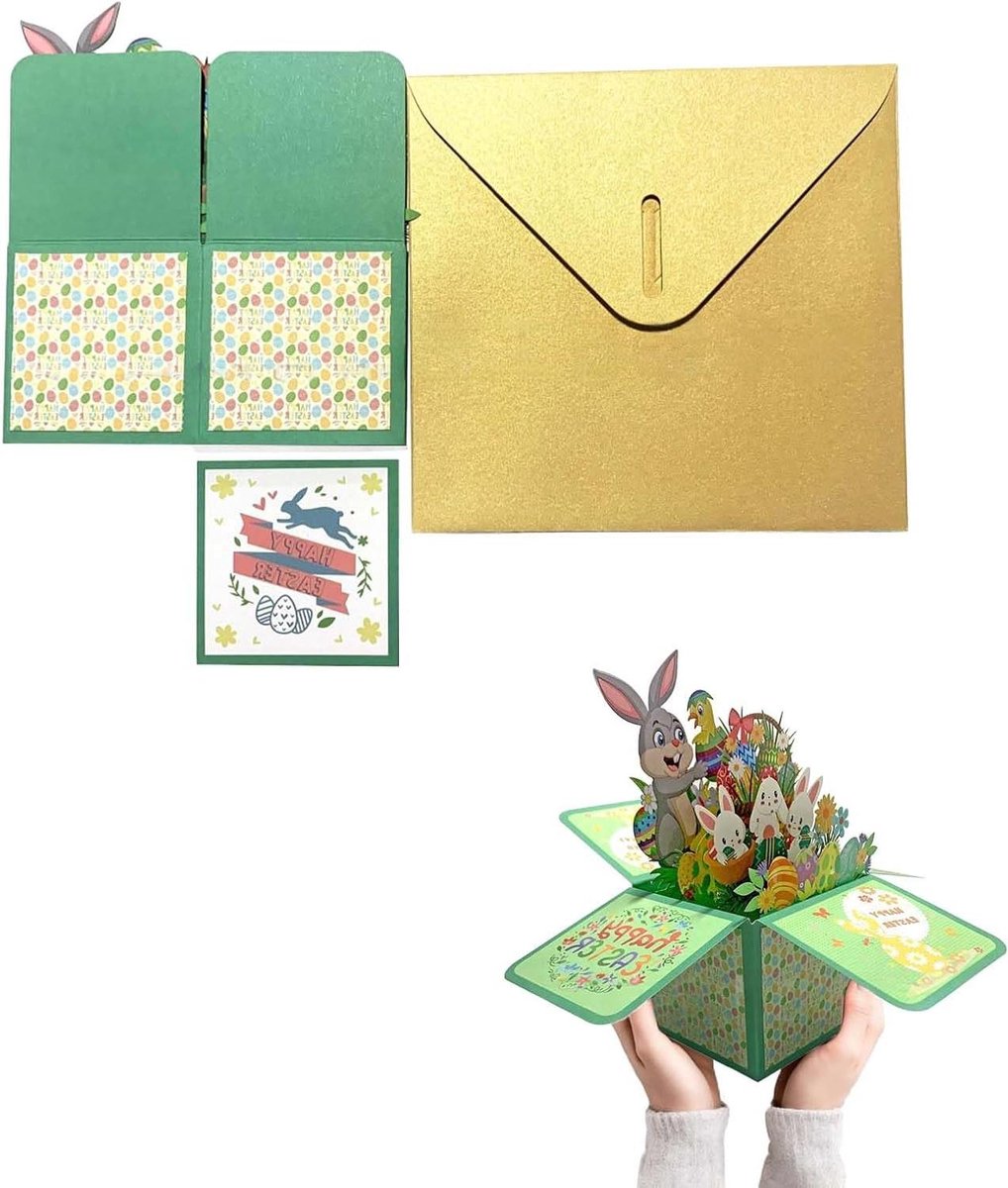 3D Pop-up Pasen Kaarten - Wenskaart met Paashaas - Pasen Vieren - Handgemaakt Papier - 10 x 10 cm - Multicolor