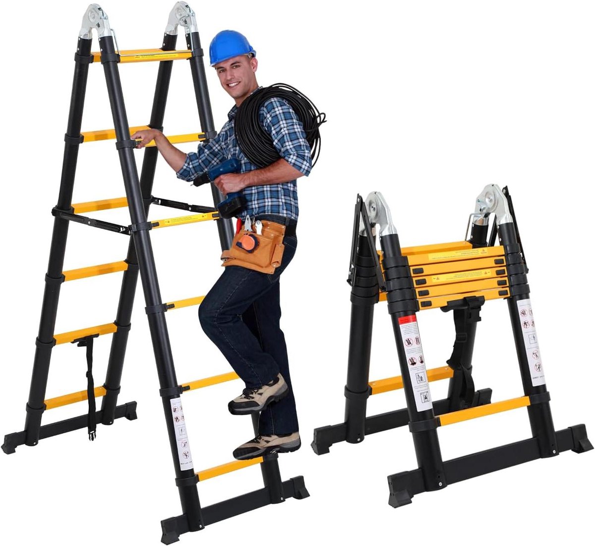Telescopische Ladder - Vouwladder Opvouwbare Ladder - Kluswerk Binnen Buiten - Veiligheidsvergrendeling Stabilisator - 38 meter 150 kg - Zwart Geel