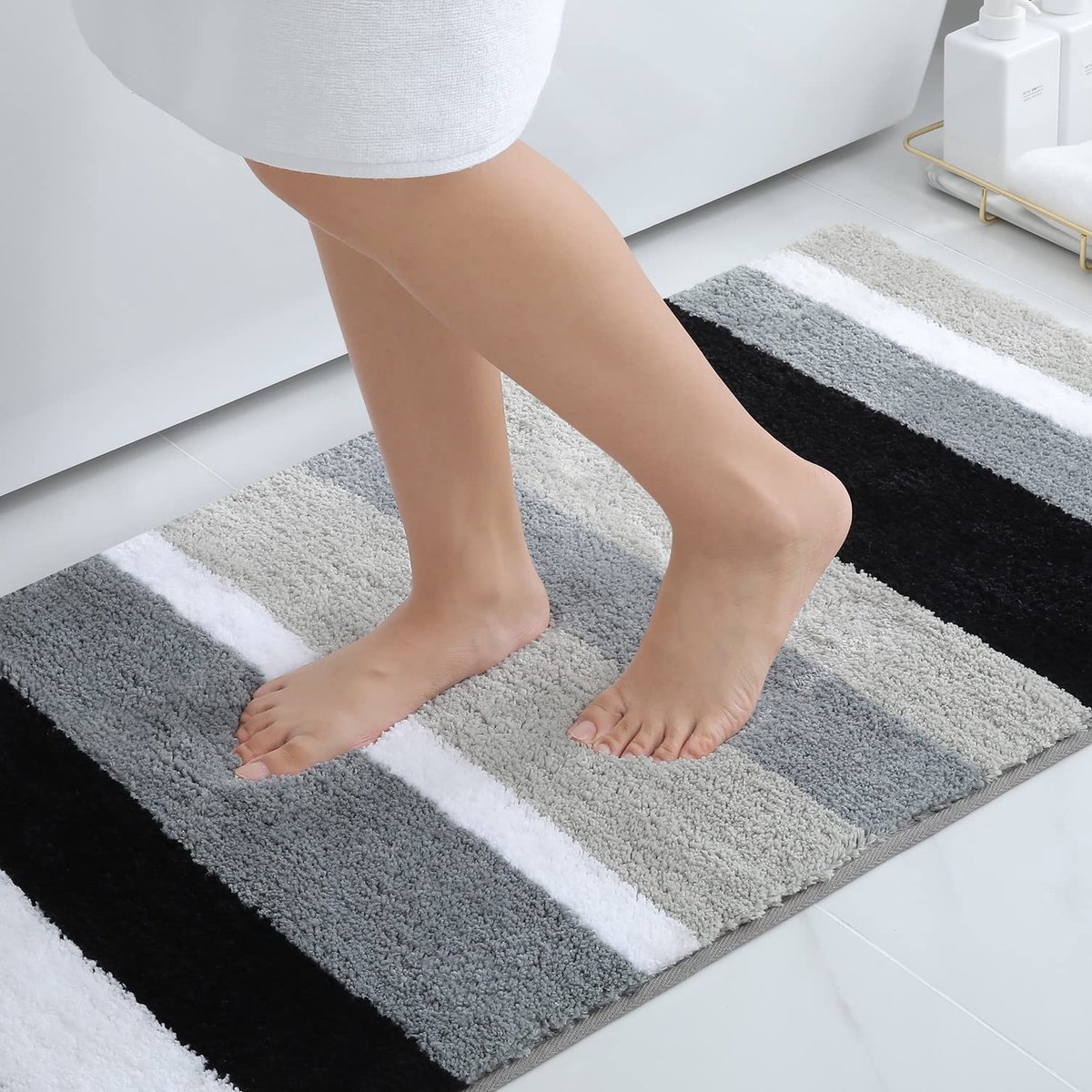 Antislip badkamertapijt, zacht, hoogpolig, microvezel, badmat, absorberend, wasbaar, 60 x 120 cm, zwart/grijs