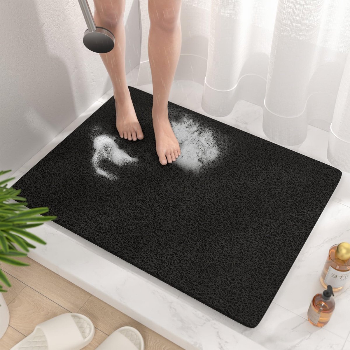 Badmat antislip met afvoer, zachte PVC loofah douchemat voor bad, sneldrogende badkamer douchemat, zwart