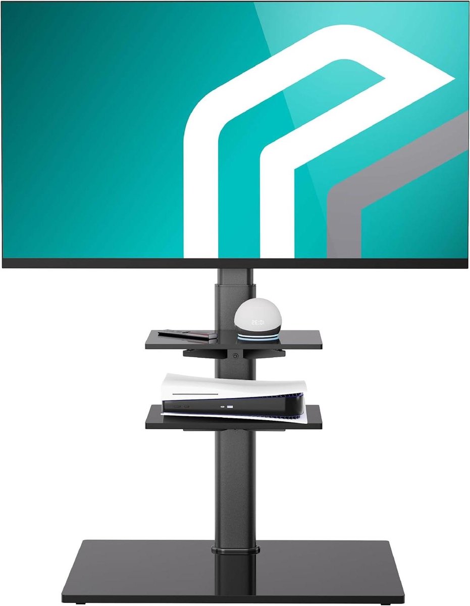 TV Vloerstandaard - TV Trolley Mobiel - TV Presentatie - Kantelbaar Glazen Planken - 32-65 inch - Zwart
