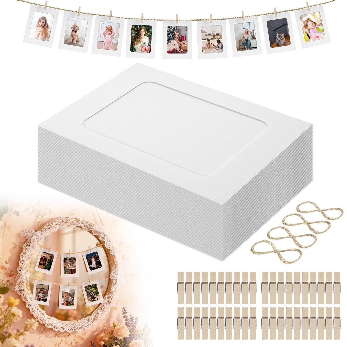 Dailygoods- Fotoslinger 40 Stuks - Fotolijsten 10 x 15 cm - Houten Klemmen - Henneptouwen - Doe-het-zelf Decoratie - Natuurlijke Materialen - Fotolijst