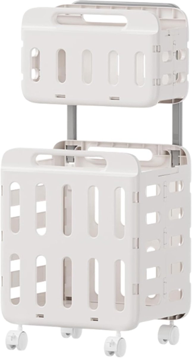 Wasmand Met Wieltjes Opbergmand Handvat Kleding Sorteren Dubbele Laag Opvouwbaar 37x30x80cm Wit