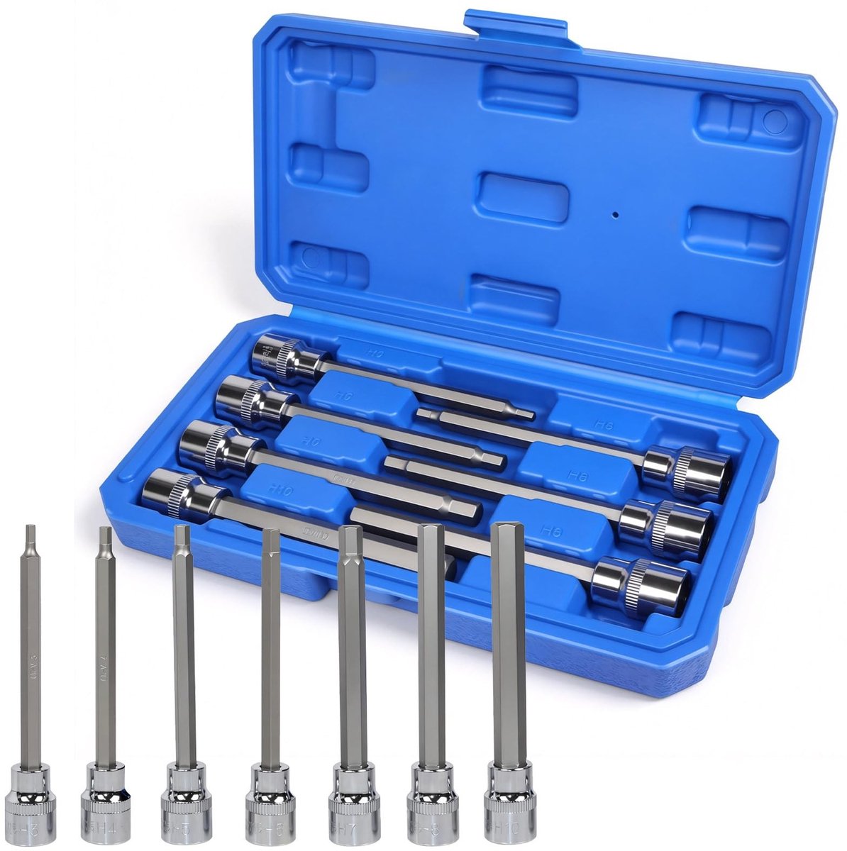 Dailygoods- Dopsleutelset 7-delig - Lange Dopsleutels 3/8 inch - Binnenzeskant Steeksleutelset - Inbusmoerset H3/H4/H5/H6/H7/H8/H10 - Chroom-Molybdeen-Staal - Slagvast en Corrosiebestendig - Moerset