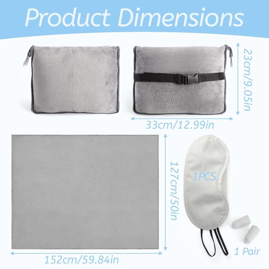 Dailygoods - Reisdeken, kussen, 2-in-1 met hoofdkussensloop, slaapmasker, oordopjes, autodeken, transformatiekussen, zacht vliegtuigdeken, compact kussen, reisdeken, vliegtuig voor auto, camping, kantoor van Dailygoods — afbeelding 4