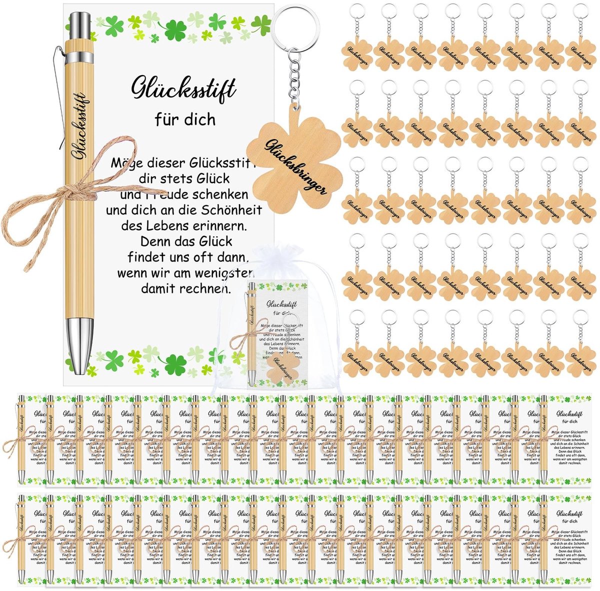 Dailygoods- Geluksstift - Houten Balpen - Sleutelhanger Klaverblad - Bedankje - Cadeau - Duurzaam en Robuust