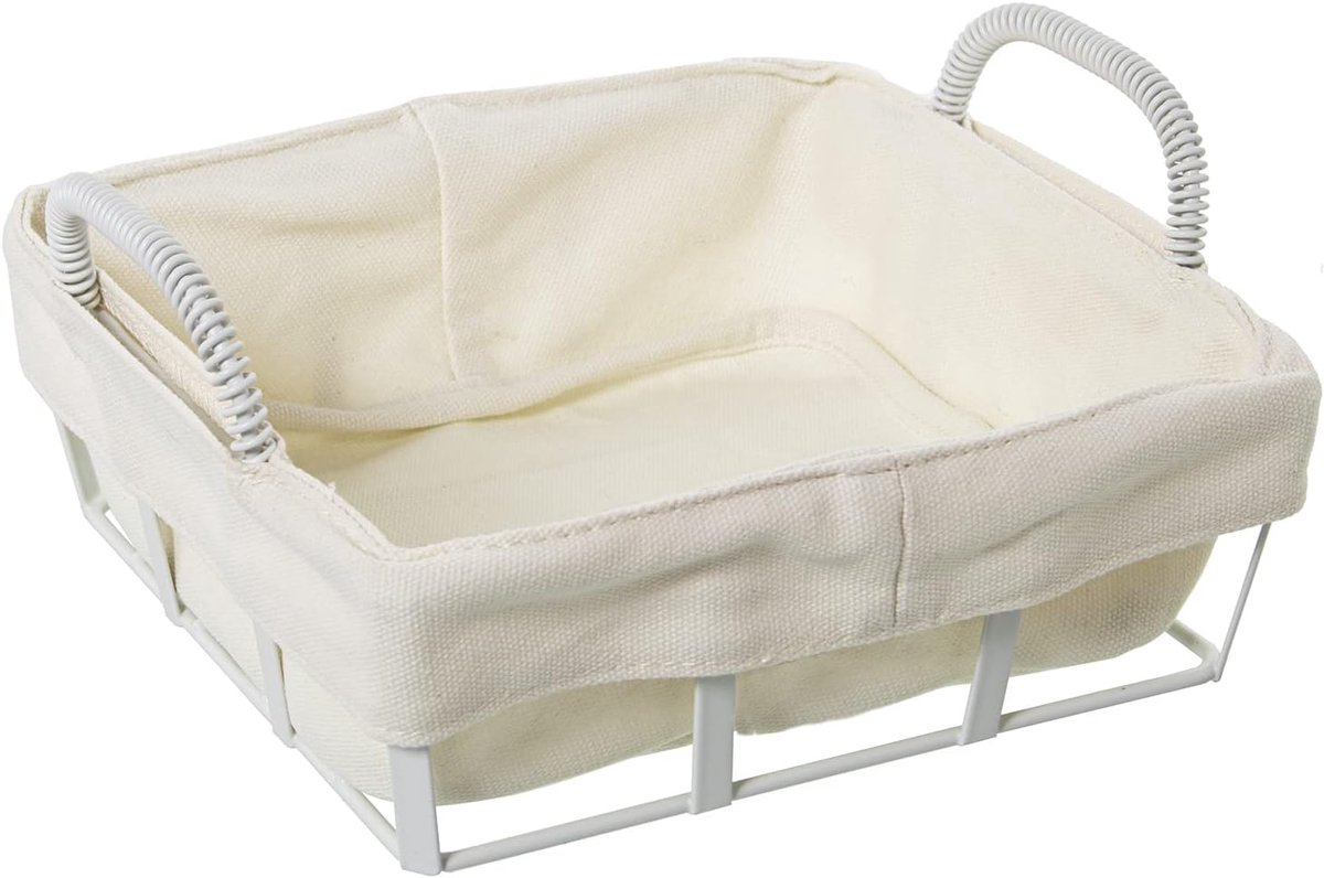 Broodmand Metaal - Opbergmand - Brood Serveren - Stoffen Voering - 22 x 20 x 11 cm - Wit