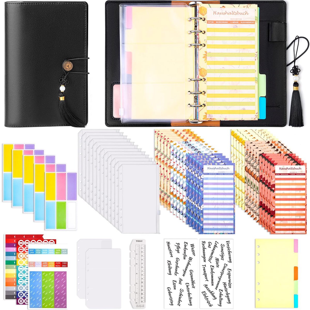 Dailygoods- Budgetplanner A6 met PU-lederen ringband - Geldorganizer - Budgetsticker - Huishoudboekje - Cash Envelopesysteem - Etikettenstickers