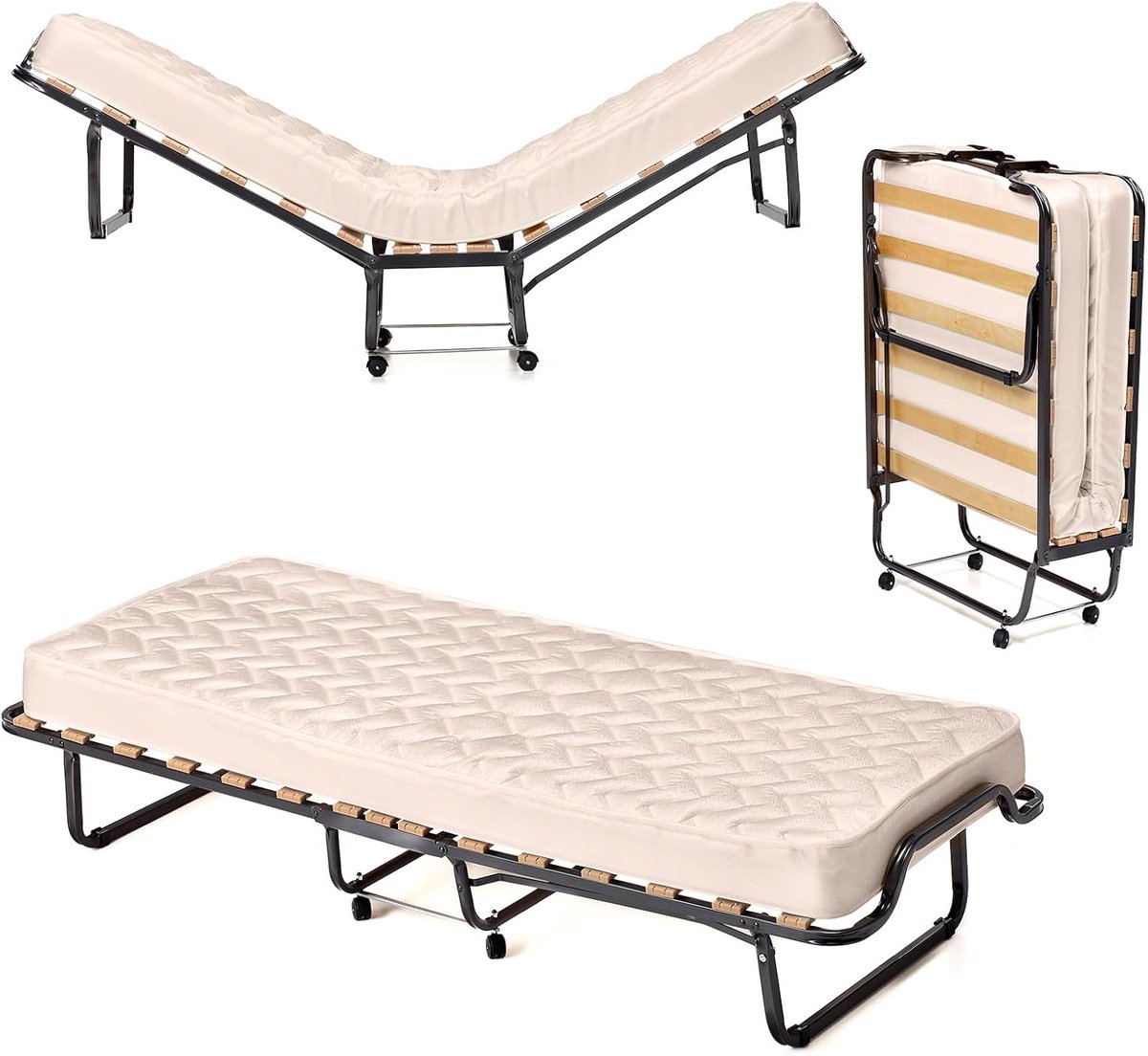 Opklapbed met matras - Logeerbed eenpersoons - Extra slaapplaats - Dubbele hypoallergene vulling - 80x200 cm - Beige