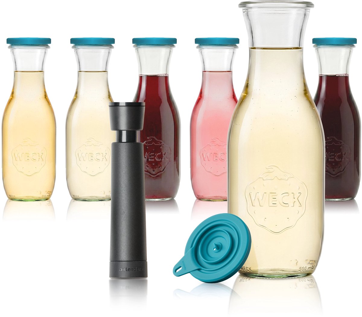 Airtender Wine Saver Carafe 1000ml (6st.) | Vacuümpomp/-deksel & Karaf | 6x Vacuüm Wijnkaraf van glas (1L) | 6x Vacuümdeksel + GRATIS wijnpomp | Perfect om wijn tot 5x langer te bewaren | Vacuüm bewaren in de wijnkaraf | Past in koel- & klimaatkast