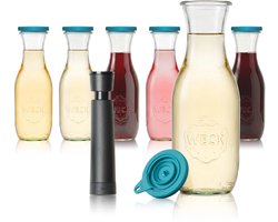 Airtender Wine Saver Carafe 1000ml (6st.) | Vacuümpomp/-deksel & Karaf | 6x Vacuüm Wijnkaraf van glas (1L) | 6x Vacuümdeksel + GRATIS wijnpomp | Perfect om wijn tot 5x langer te bewaren | Vacuüm bewaren in de wijnkaraf | Past in koel- & klimaatkast