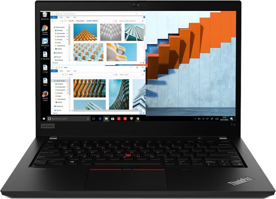 Open zwarte Lenovo ThinkPad T14 met het Lenovo logo en een T14 aanduiding. Het scherm toont bestanden en een bureaubladachtergrond met oranje blokken.