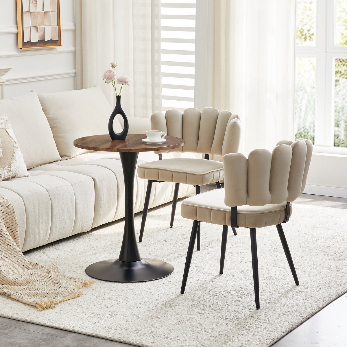 FloraGrace Eettafelset Met 2 Stoelen - Ronde 60 Cm Tafel Met Fluweelstoelen - Voor Eetkamer En Woonkamer - Houtvezelplaat En Metaal - Licht Koffiebruin Zwart Licht Koffie, Walnoot En Zwart