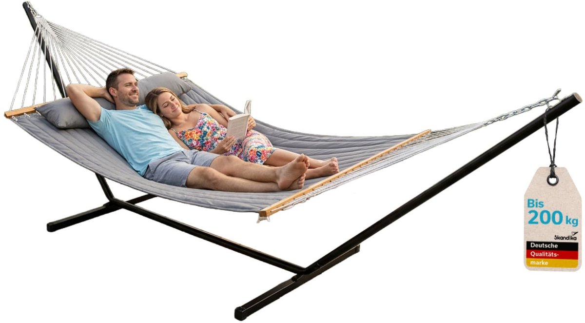 Skandika hangmat Mysande - Dubbele hangmat met metalen frame, voor 2 personen, 200 x 140 cm, draagvermogen 200 kg, in hoogte verstelbaar, kussen, indoor & outdoor, tuin, zwembad, balkon, terras